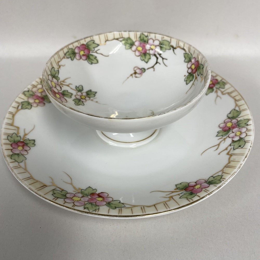 Vintage Hand Painted NIPPON 2-Tier Serving Dish Floral Chip Veggie Dip Bowl